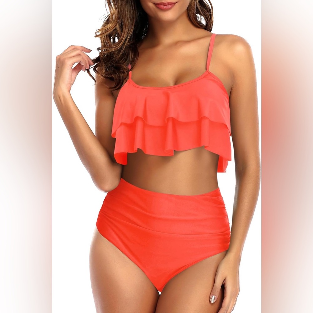 NWOT High Waisted Ruched Bikini Removable Padded Cups-Neon Orange S